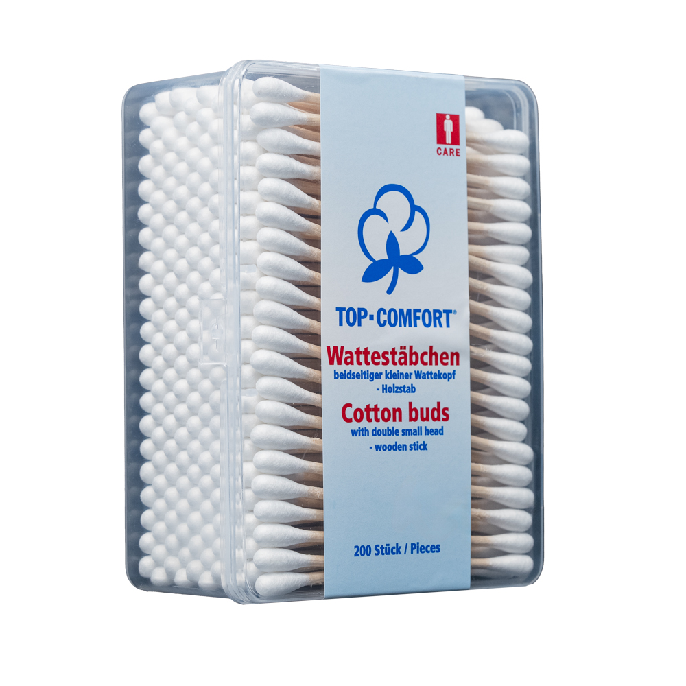 Einmal Holzstab Wattestäbchen Box, 73 mm, Naturholz, Baumwolle, Top-Comfort