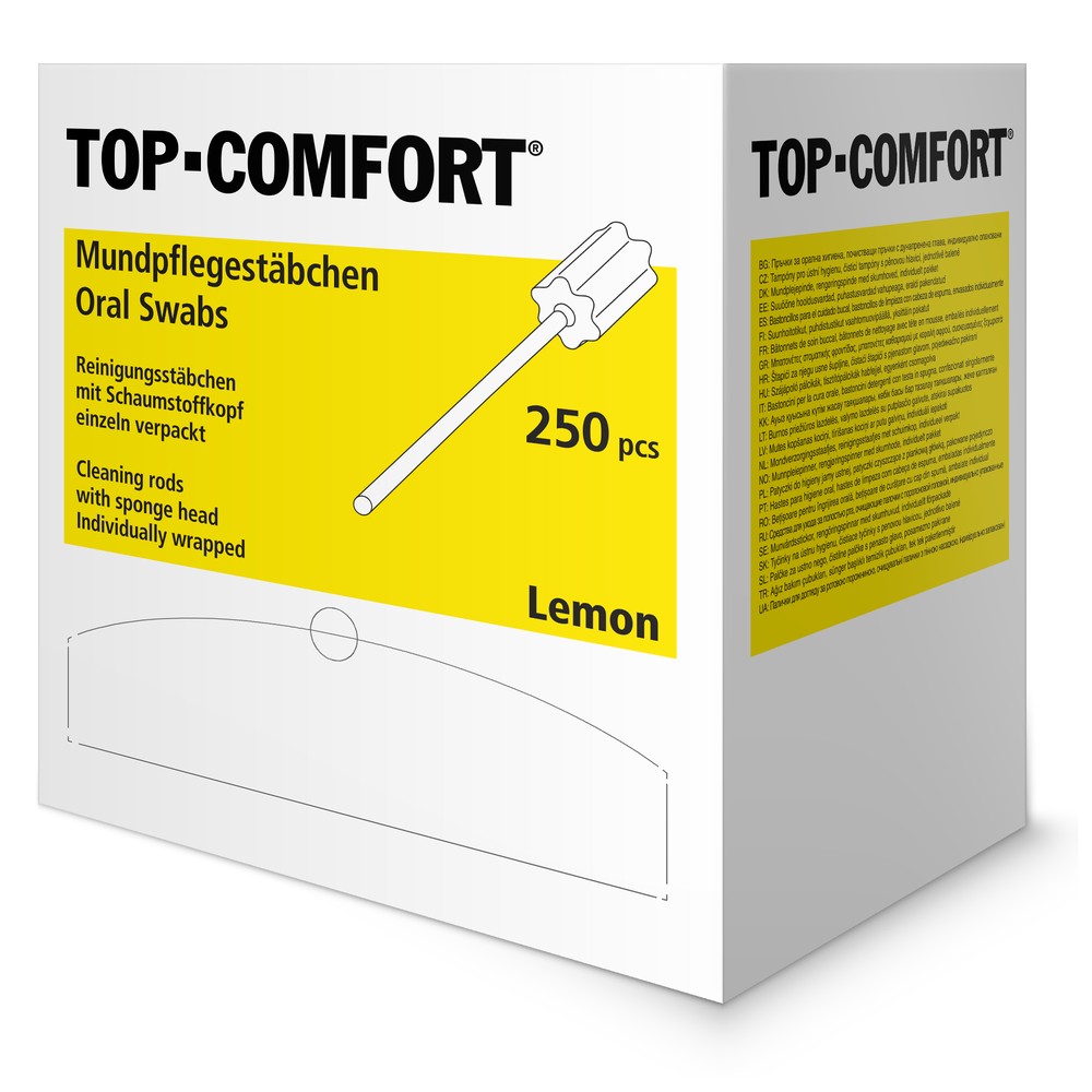 PP Mundpflegestäbchen mit PU Schwamm, 100 mm, Geschmack Lemon, Kopf rosa, Top-Comfort
