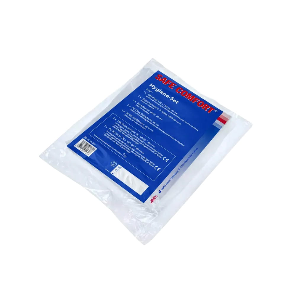 Hygiene-Set, SMS-Kittel, Gesichtsmaske, Barretthaube, Nitrilhandschuhe, PE Überziehhandschuhe, Schürze, Müllbeutel, Safe Comfort