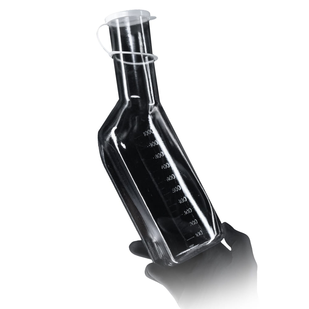 Urinflasche (Polycarbonat) für Männer, eckig, Farbe transparent / glasklar mit weißem PP Deckel