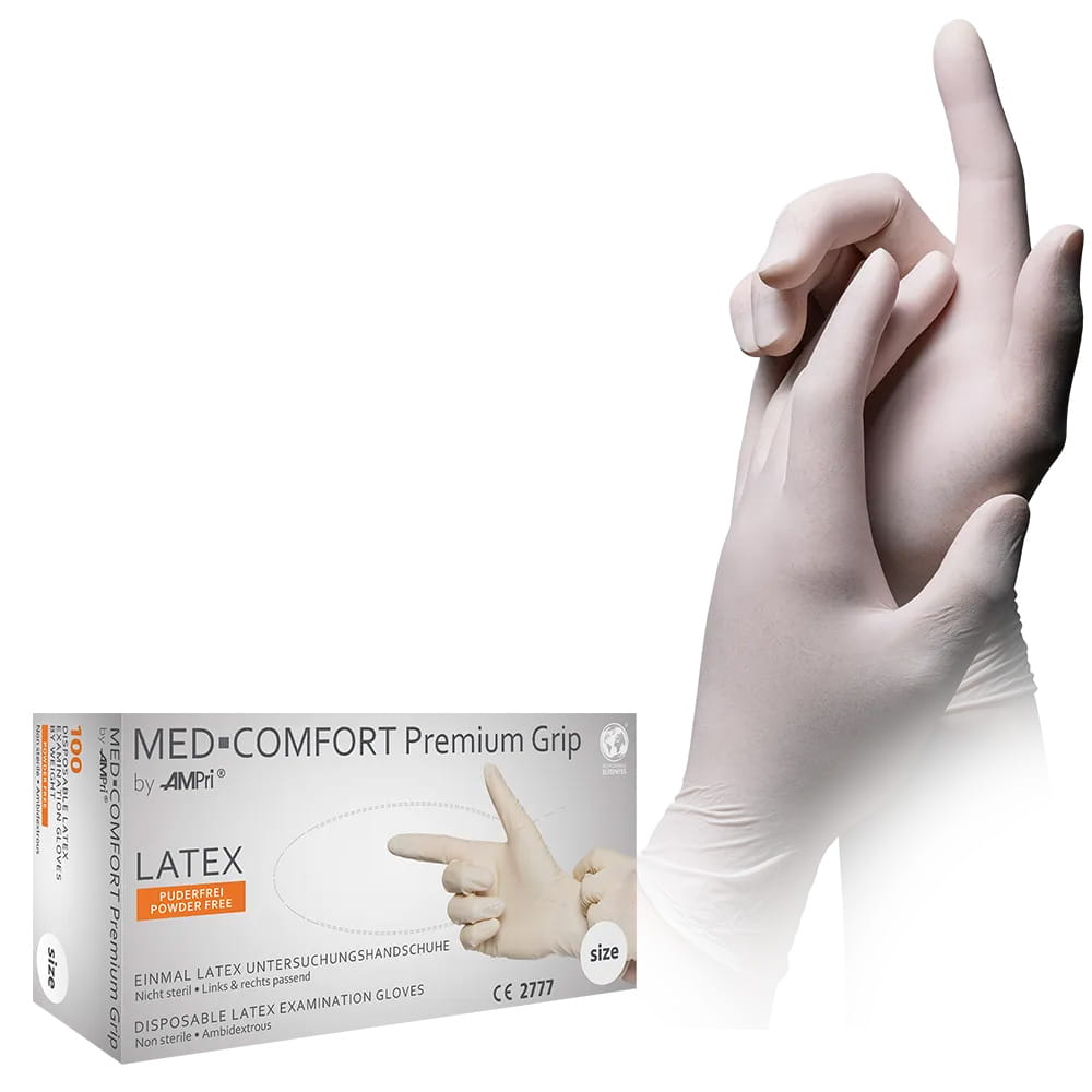 Latexhandschuhe, weiß, Größe XS, puderfrei, Med-Comfort Premium Grip Latexhandschuhe, weiß, Größe XS, puderfrei, Med-Comfort Premium Grip