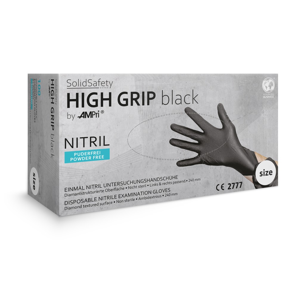 High Grip Einmalhandschuh aus Nitril, Größe M, schwarz, SolidSafety