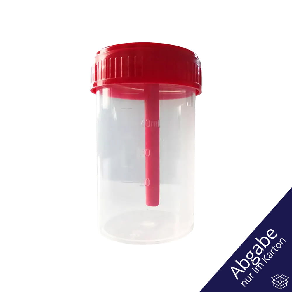 PP Stuhlsammelbehälter, 40 ml, transparent, milchig, rot mit PE Verschluss