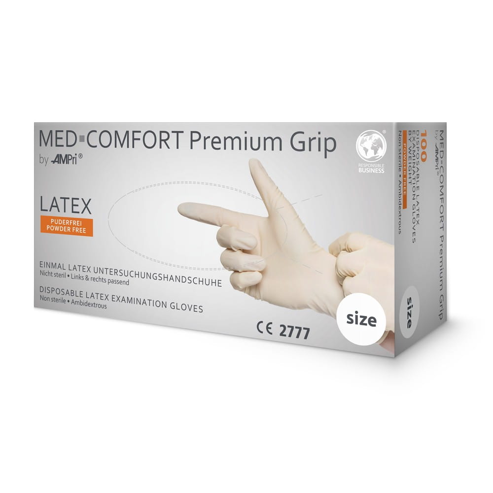 Latexhandschuhe, weiß, Größe M, puderfrei, Med-Comfort Premium Grip