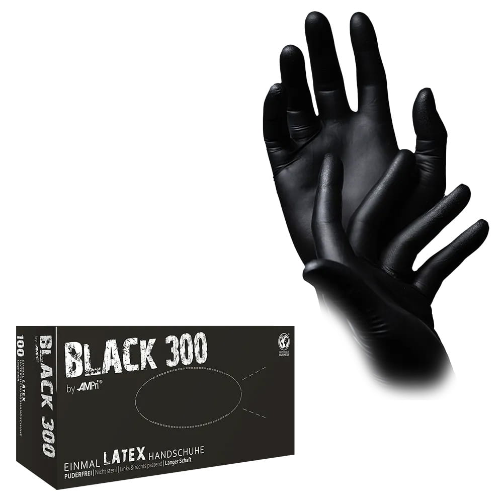 Latexhandschuhe mit Überlänge schwarz, Größe L, puderfrei, Black 300 Latex Latexhandschuhe mit Überlänge schwarz, Größe L, puderfrei, Black 300 Latex