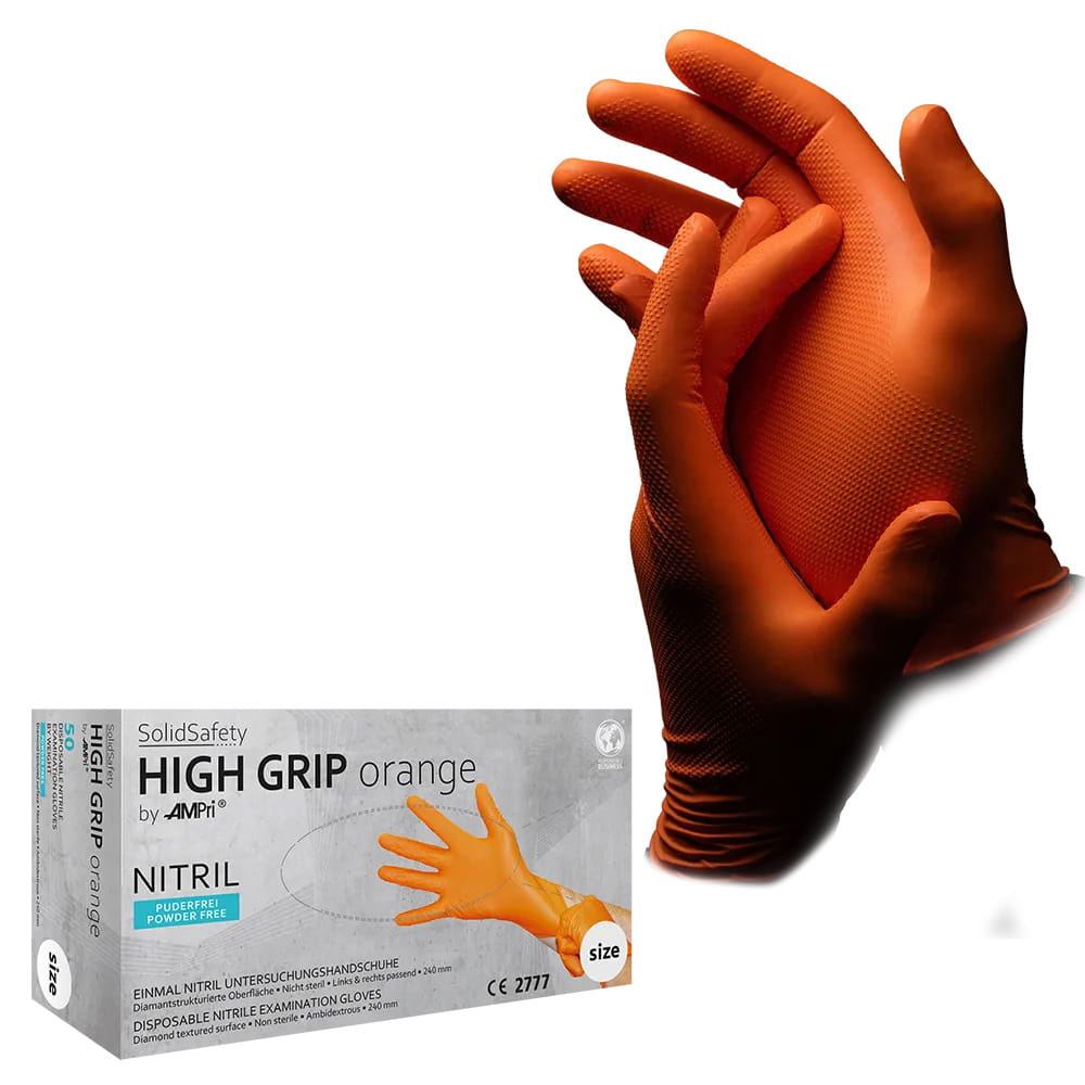 High Grip Einmalhandschuh aus Nitril, Größe L, orange, SolidSafety