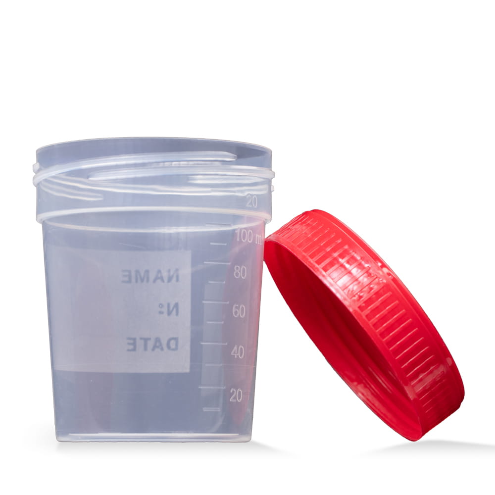 PP Urinsammelbehälter mit Schraubdeckel, 100 ml, Farbe transparent, milchig, rot, 500 Becher mit Deckel