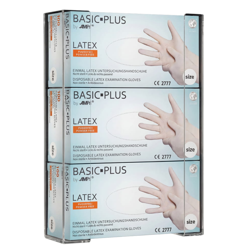 Einmalhandschuh Spender für 3 Boxen, Handschuh-Dispenserhalter TRIO, 258 x 392 x 96 mm, transparent, milchig, Acryl