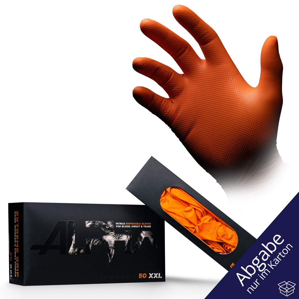 Extreme Grip Einmalhandschuh aus Nitril, Größe M, orange, ALPHA: extra griffigen und chemikalienbeständigen Arbeitsschutzhandschuh aus Nitril und für den Lebensmittelbereich geeignet als PSA kaufen