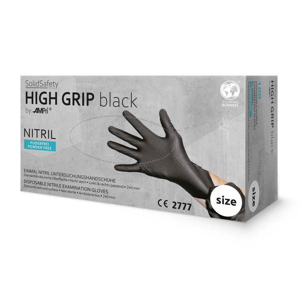High Grip Einmalhandschuh aus Nitril, Größe M, schwarz, SolidSafety