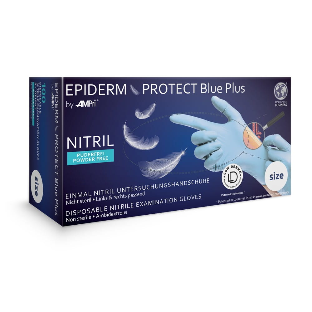 Nitrilhandschuhe, hellblau, blau, Größe M, puderfrei, Epiderm Protect Blue Plus by Med-Comfort
