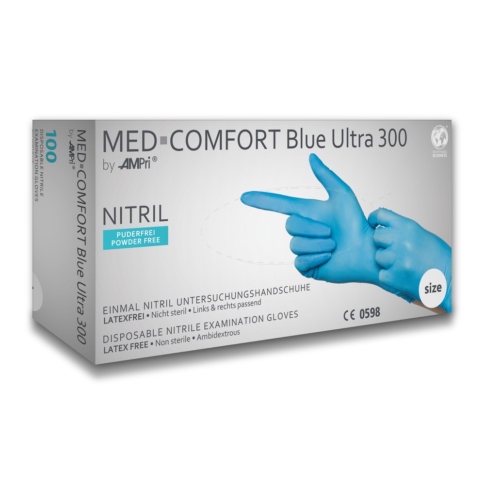 Starker und langer Nitrilhandschuh, blau, Größe M, puderfrei, Med-Comfort blue Ultra 300