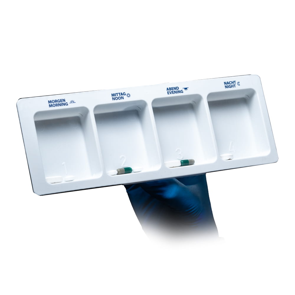 PP Einweg Medikamentendispenser, 4 Fächer, 22 x 8 x 2 cm, weiß, Med-Comfort PP Einweg Medikamentendispenser, 4 Fächer, 22 x 8 x 2 cm, weiß, Med-Comfort