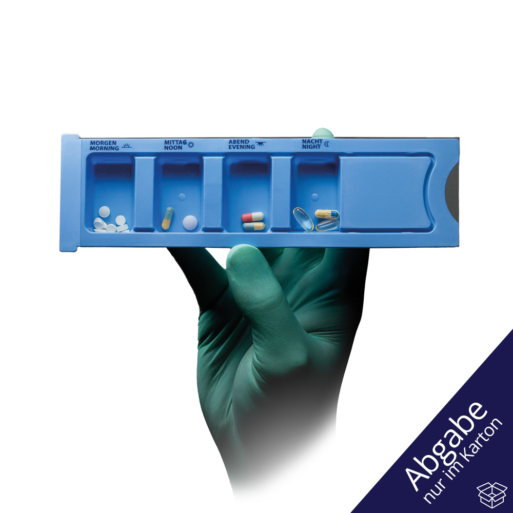 PP Einweg Medikamentendispenser, 4 Fächer, 22,2 x 6 x 1,5 cm, blau, Med-Comfort