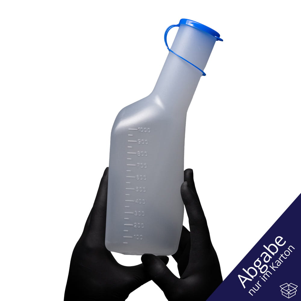 PP Urinflasche für Männer, eckig, Farbe weiß / milchig mit blauem PP Deckel