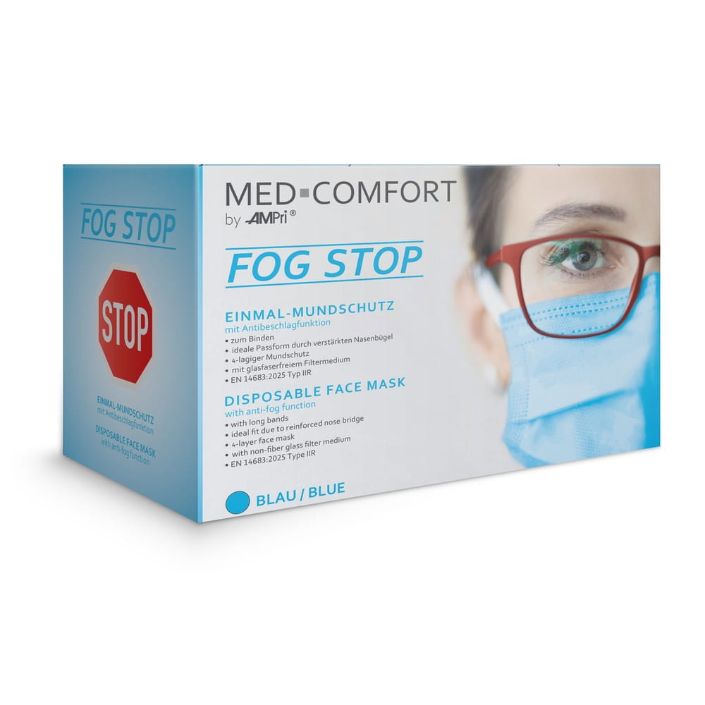OP-Maske, blau, mit Antibeschlag-Funktion, FOG STOP, 4-lagig, zum Binden, Med-Comfort