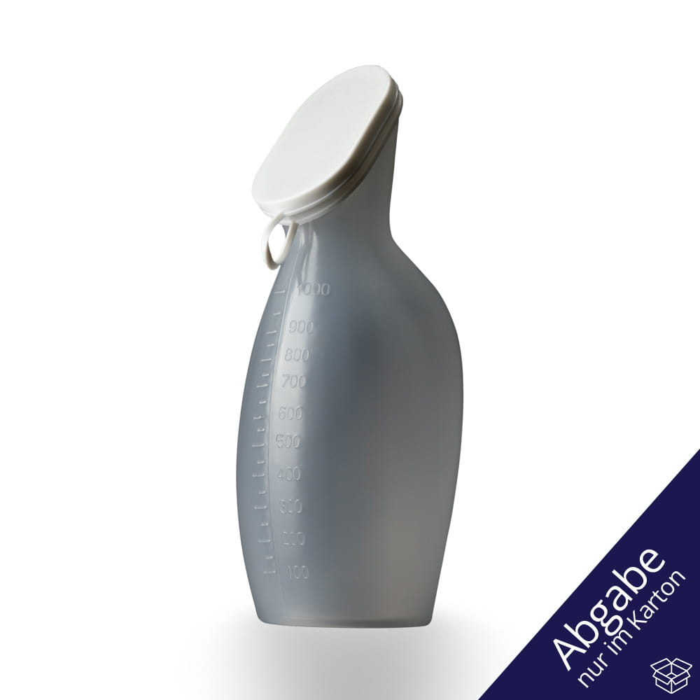 PP Urinflasche für Frauen, 1 Liter, Farbe durchscheinend mit weißem PE Deckel, Top-Comfort