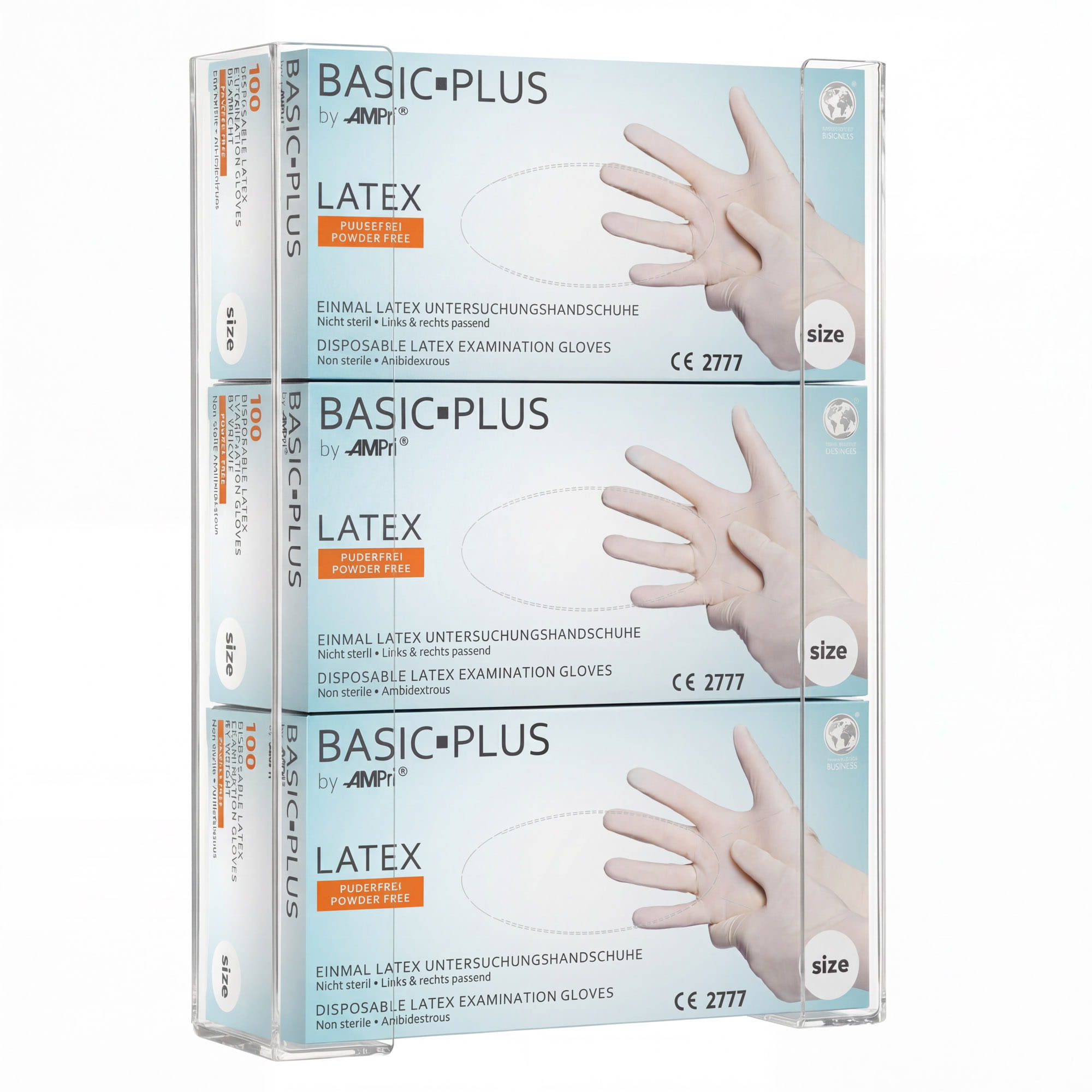 Einmalhandschuh Spender für 3 Boxen, Handschuh-Dispenserhalter TRIO, 258 x 392 x 96 mm, transparent, milchig, Acryl