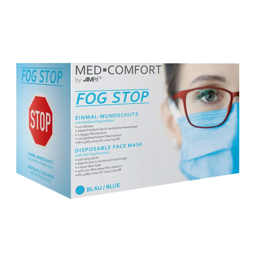 OP-Maske, blau, mit Antibeschlag-Funktion, FOG STOP, 4-lagig, zum Binden, Med-Comfort