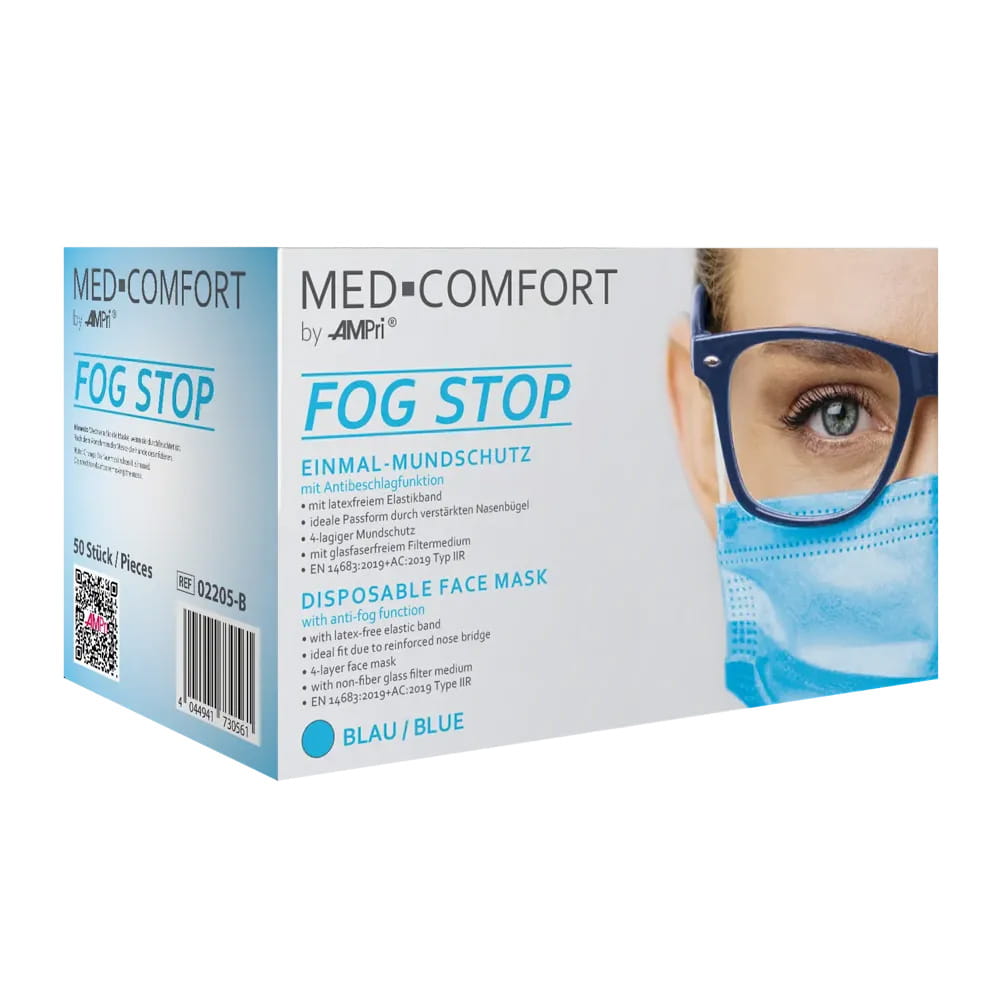 OP-Maske, blau, mit Antibeschlag-Funktion, FOG STOP, 4-lagig, mit Elastikbändern, Med-Comfort