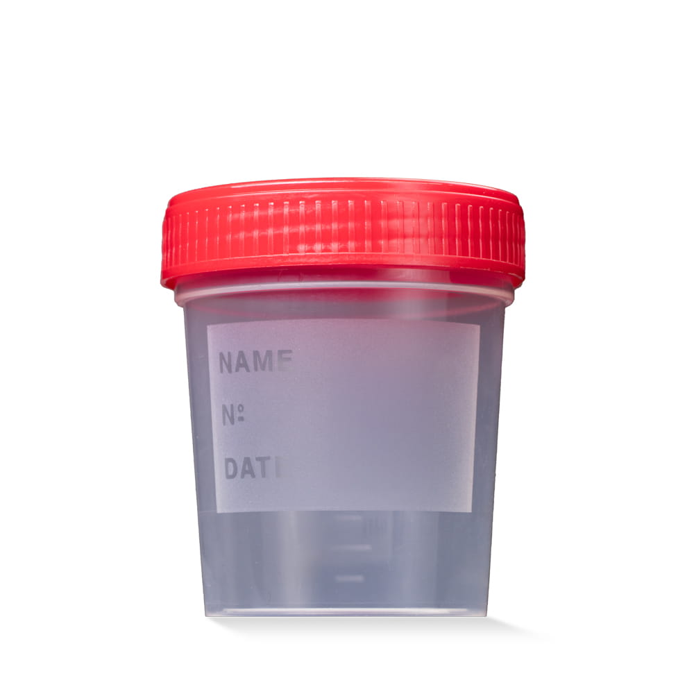 PP Urinsammelbehälter mit Schraubdeckel, 100 ml, Farbe transparent, milchig, rot, 500 Becher mit Deckel