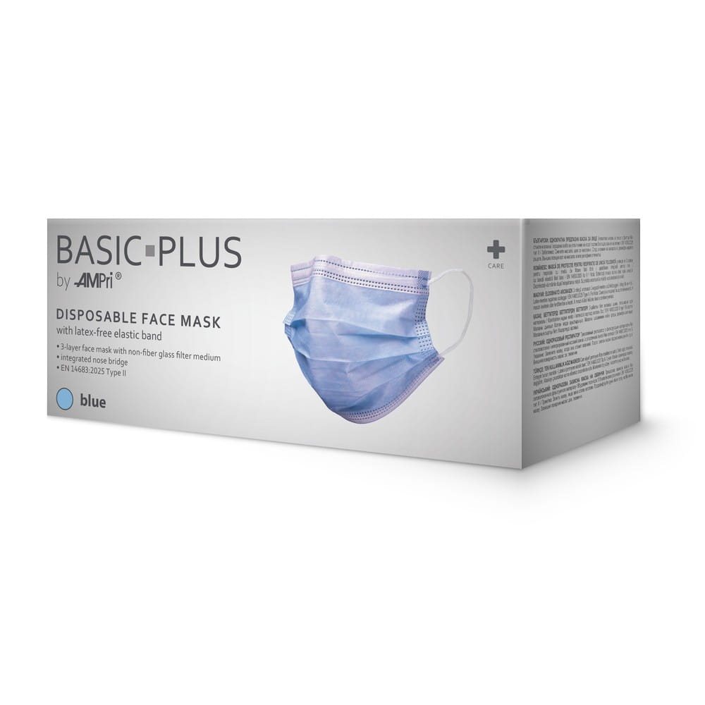 OP Maske, blau, 3-lagig, Typ II, mit Elastikbändern, Basic-Plus