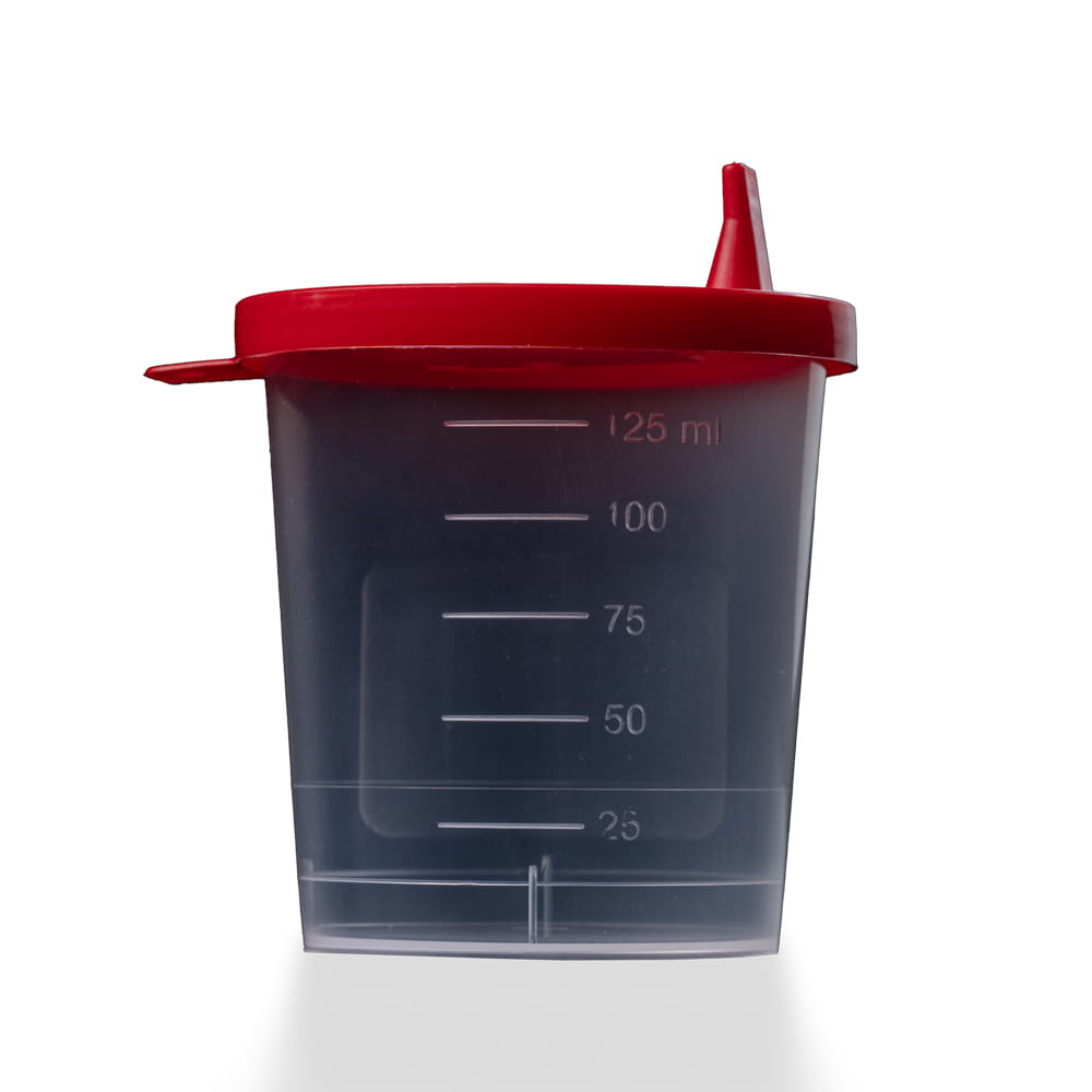 PP Urinsammelbehälter mit Schnappdeckel, 125 ml, Farbe transparent, milchig, rot