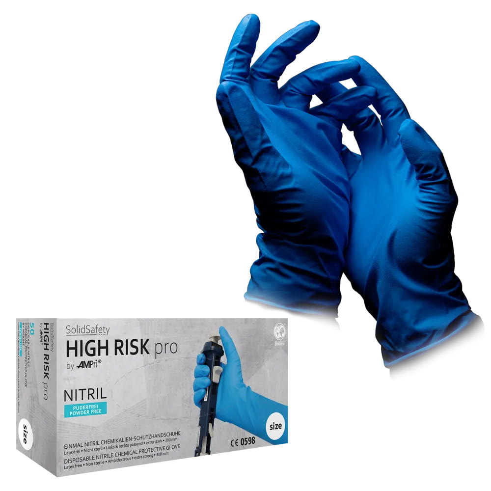 Einmalhandschuhe aus Nitril, Typ A, Größe M, blau, Solidsafety High Risk Pro Einmalhandschuhe aus Nitril, Typ A, Größe M, blau, Solidsafety High Risk Pro