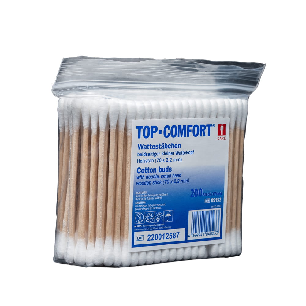 Einmal Holzstab Wattestäbchen, 73 mm, Naturholz, Baumwolle, Top-Comfort