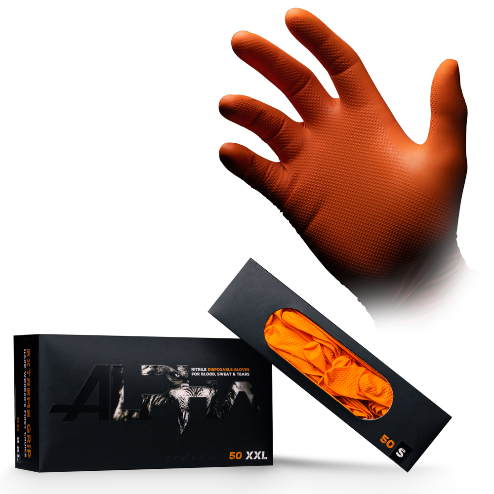 Extreme Grip Einmalhandschuh aus Nitril, Größe M, orange, ALPHA: extra griffigen und chemikalienbeständigen Arbeitsschutzhandschuh aus Nitril und für den Lebensmittelbereich geeignet als PSA kaufen