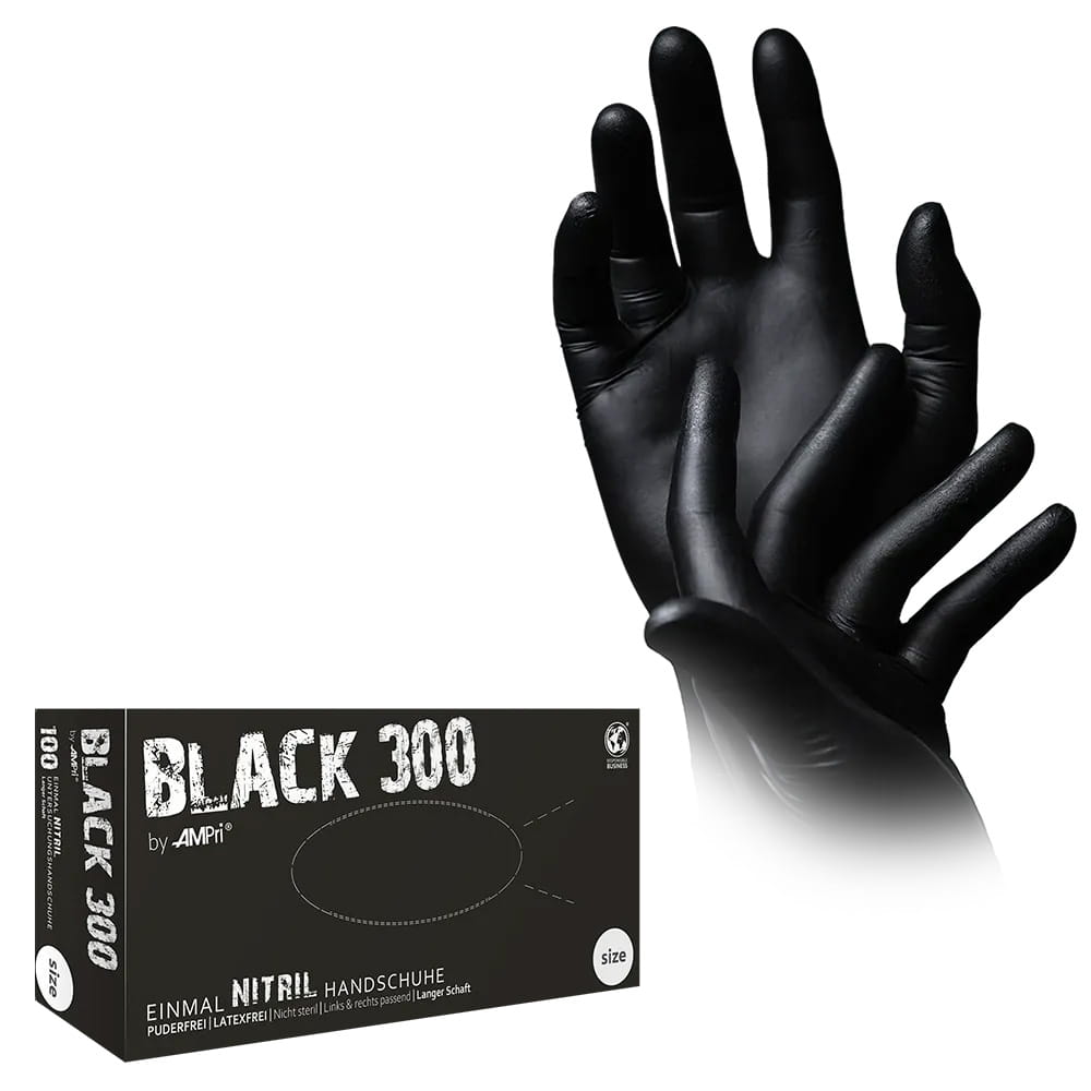 Nitrilhandschuhe mit Überlänge, schwarz, Größe M, puderfrei, Black 300 Nitril Nitrilhandschuhe mit Überlänge, schwarz, Größe M, puderfrei, Black 300 Nitril