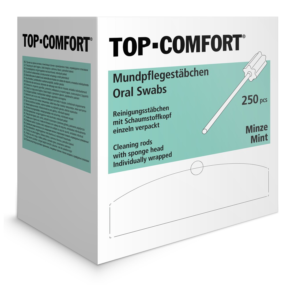 PP Mundpflegestäbchen mit PU Schwamm, 100 mm, Geschmack Minze, Kopf rosa, Top-Comfort