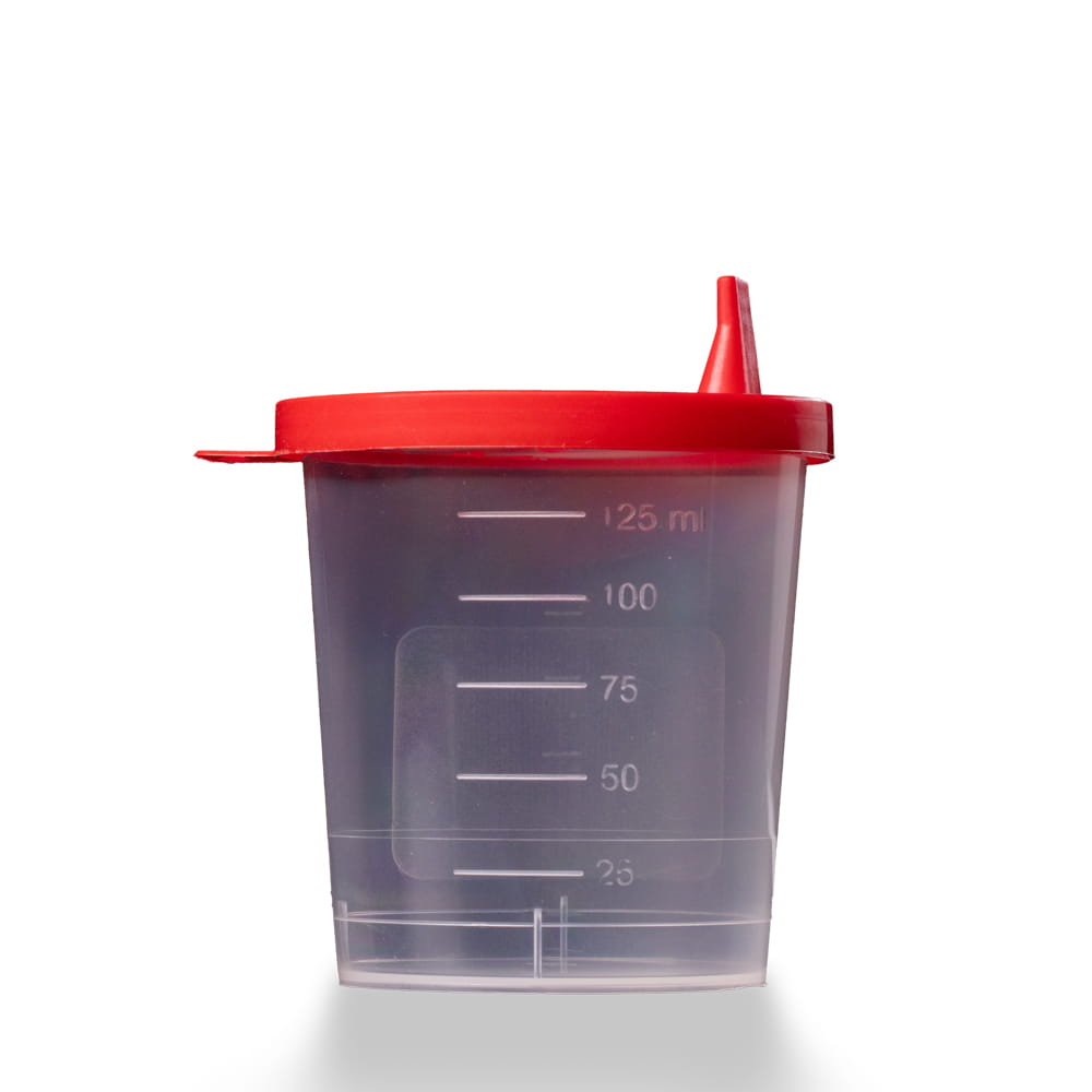 PP Urinsammelbehälter mit Schnappdeckel, 125 ml, Farbe transparent, milchig, rot, 500 Becher mit Deckel