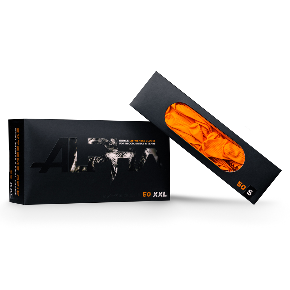 Extreme Grip Einmalhandschuh aus Nitril, Größe M, orange, ALPHA: extra griffigen und chemikalienbeständigen Arbeitsschutzhandschuh aus Nitril und für den Lebensmittelbereich geeignet als PSA kaufen