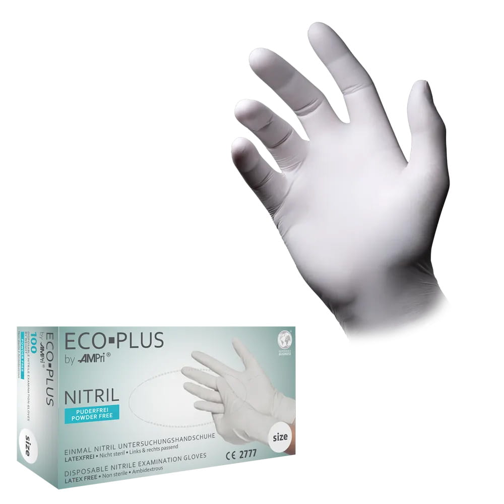 Nitrilhandschuhe, weiß, Größe M, puderfrei, Eco-Plus Nitrilhandschuhe, weiß, Größe M, puderfrei, Eco-Plus