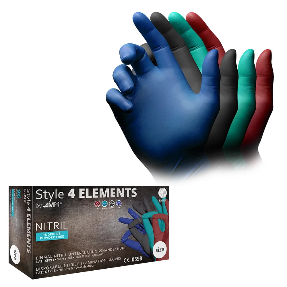 Nitrilhandschuhe, bunt, Farbenmix, Größe M, puderfrei, Style 4 Elements by AMPri Nitrilhandschuhe, bunt, Farbenmix, Größe M, puderfrei, Style 4 Elements by AMPri