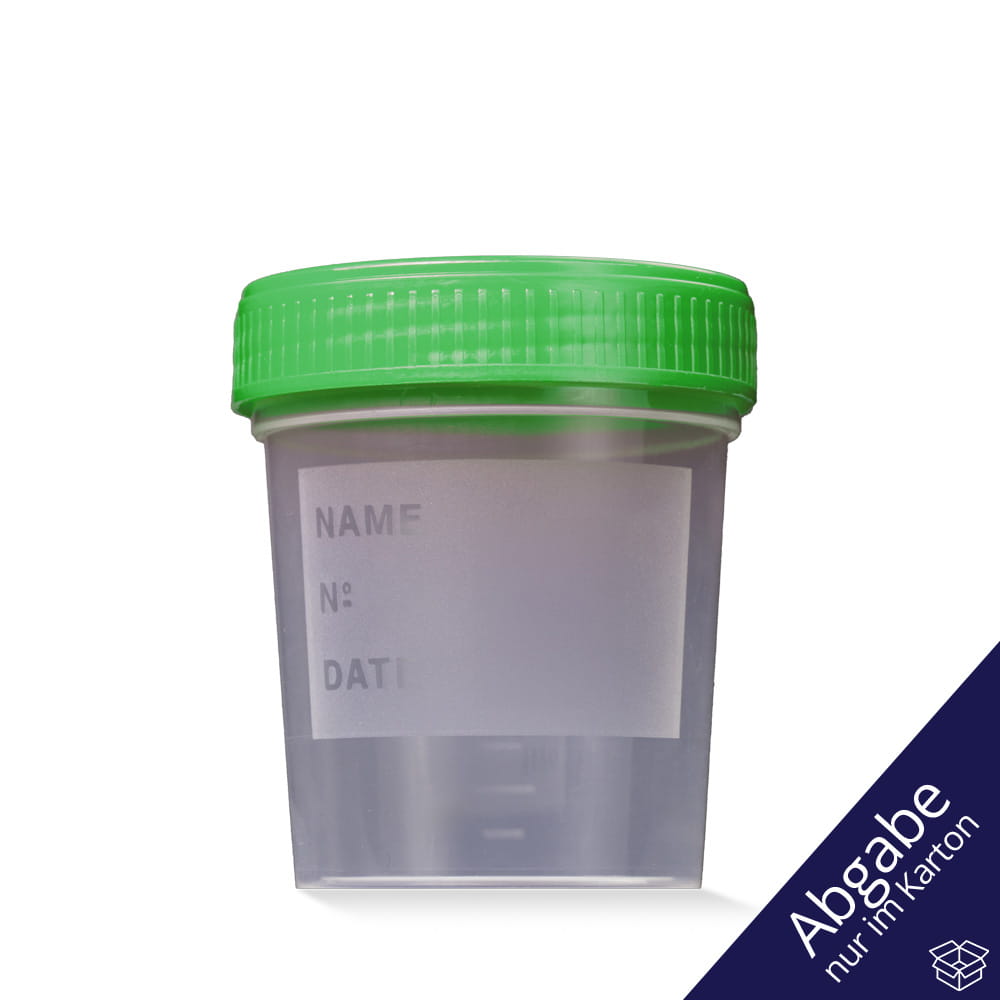 PP Urinsammelbehälter mit Schraubdeckel, 100 ml, Farbe transparent, milchig, grün, 400 Becher mit Deckel, unterverpackt zu 4 x 100 Stück
