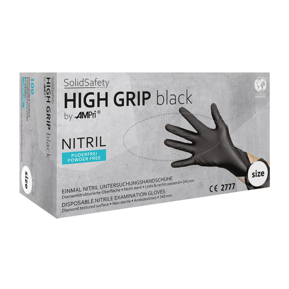 High Grip Einmalhandschuh aus Nitril, Größe XL, schwarz, SolidSafety