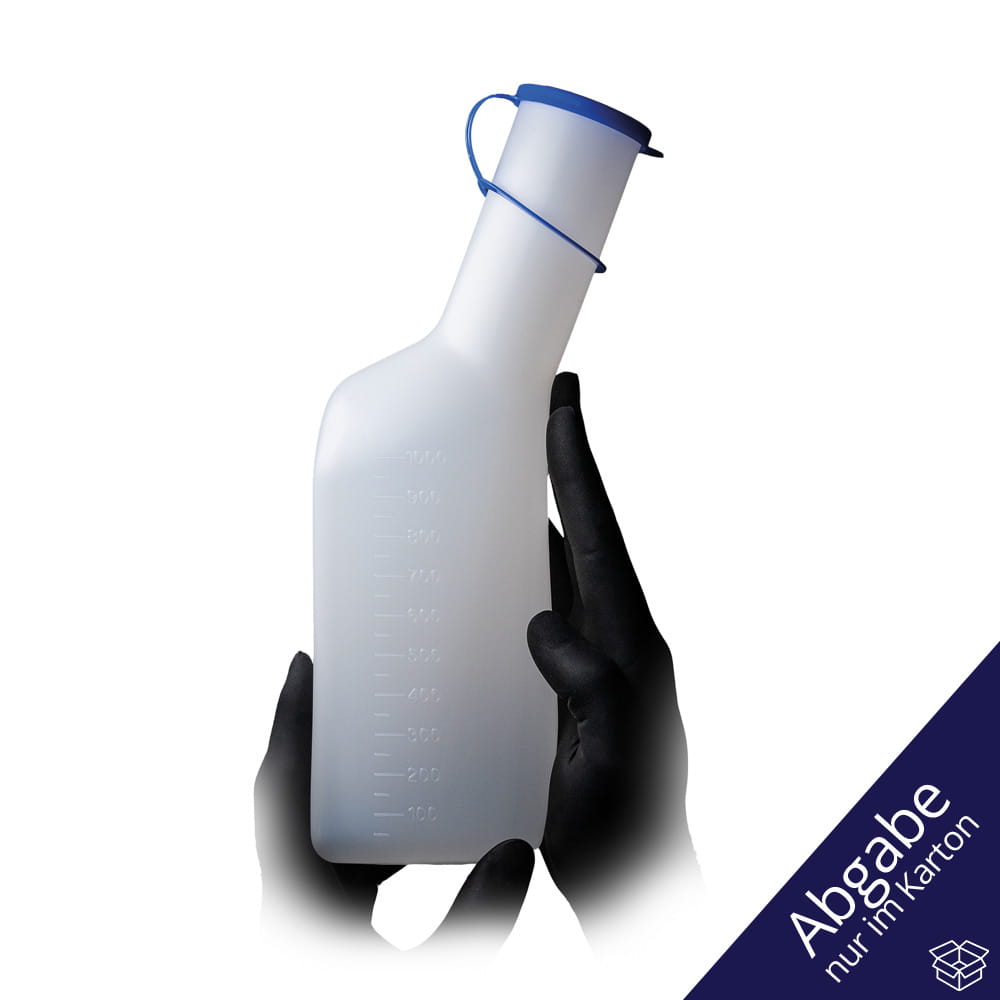 PE Urinflasche für Männer, eckig, Farbe weiß / milchig mit blauem PP Deckel