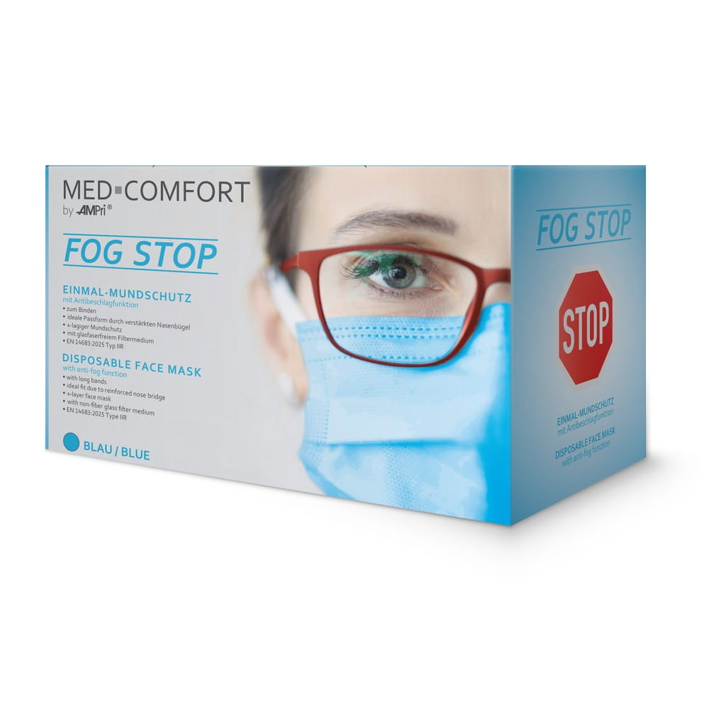 OP-Maske, blau, mit Antibeschlag-Funktion, FOG STOP, 4-lagig, zum Binden, Med-Comfort