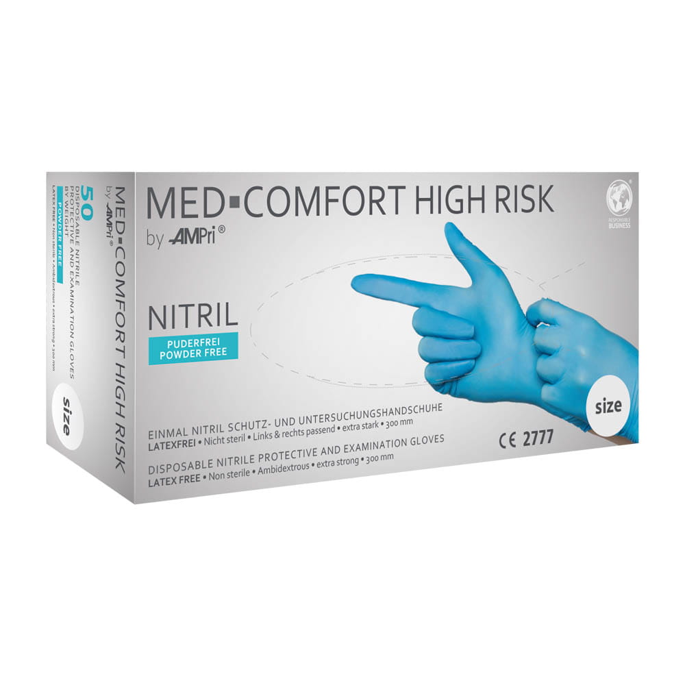 MED-COMFORT HIGH RISK, Nitril-Chemikalienschutzhandschuh, puderfrei, blau, Gr. M