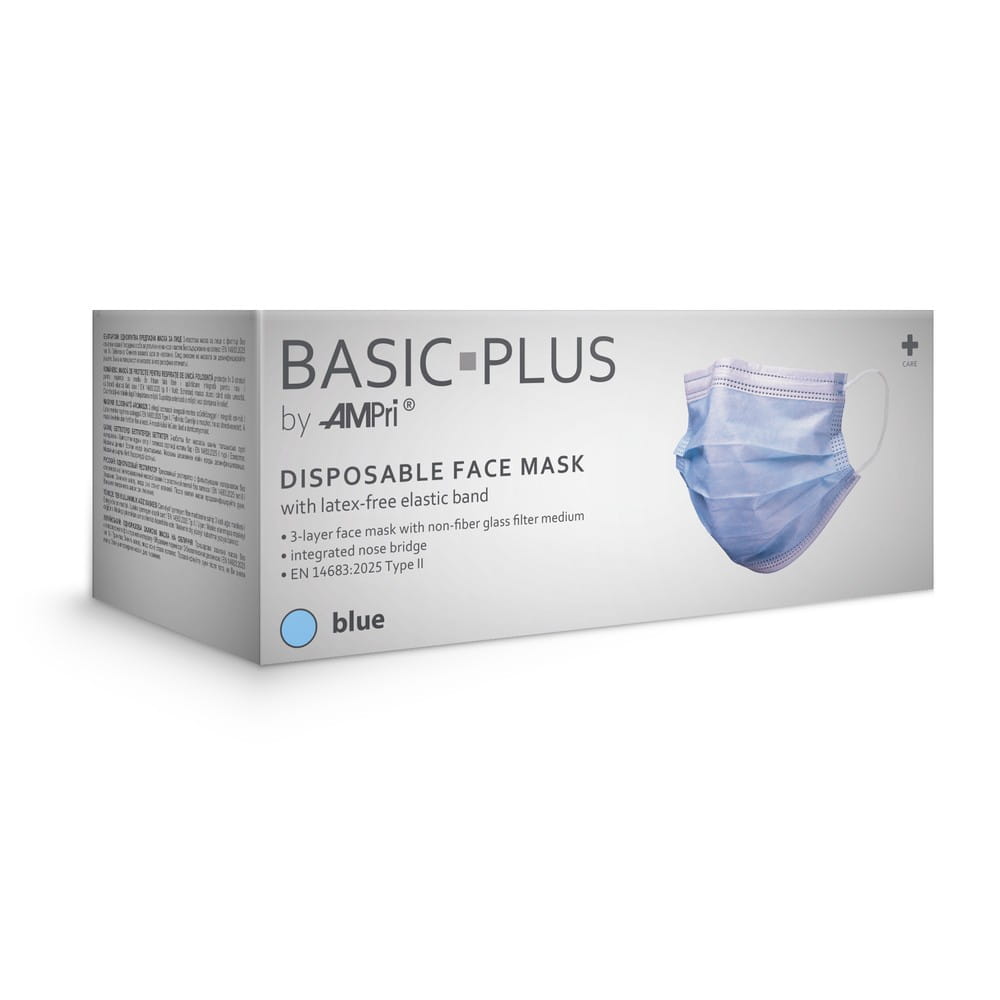 OP Maske, blau, 3-lagig, Typ II, mit Elastikbändern, Basic-Plus
