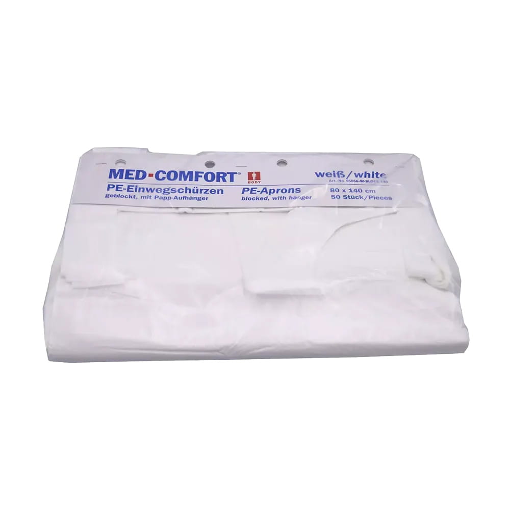 Einwegschürzen, weiß, glatte Oberfläche, 80 x 140cm, Polyethylen, geblockt, Med-Comfort Einwegschürzen, weiß, glatte Oberfläche, 80 x 140cm, Polyethylen, geblockt, Med-Comfort