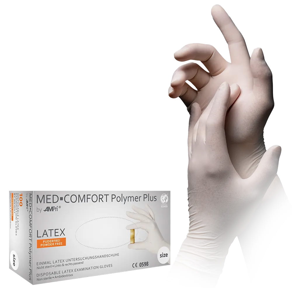 Latexhandschuhe, hellbeige, beige, Größe L, puderfrei, Med-Comfort Polymer Plus Latexhandschuhe, hellbeige, beige, Größe L, puderfrei, Med-Comfort Polymer Plus
