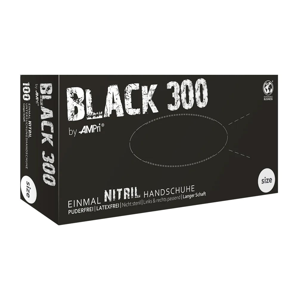 Nitrilhandschuhe mit Überlänge, schwarz, Größe L, puderfrei, Black 300 Nitril