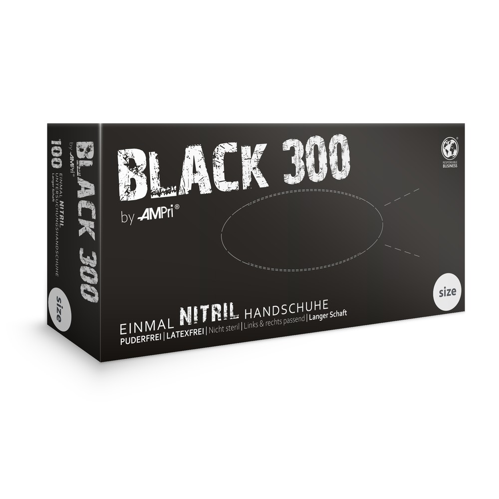 Nitrilhandschuhe mit Überlänge, schwarz, Größe XL, puderfrei, Black 300 Nitril