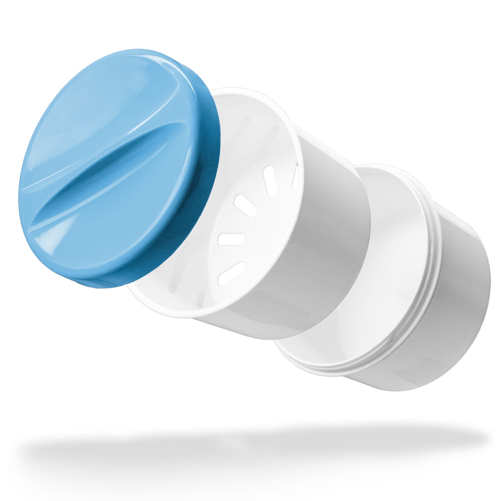 PP Einweg Zahnprothesenbecher, weiß, blau, 250 ml Füllmenge
