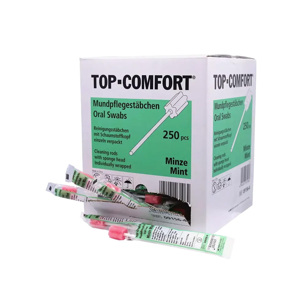 PP Mundpflegestäbchen mit PU Schwamm, 100 mm, Geschmack Minze, Kopf rosa, Top-Comfort PP Mundpflegestäbchen mit PU Schwamm, 100 mm, Geschmack Minze, Kopf rosa, Top-Comfort