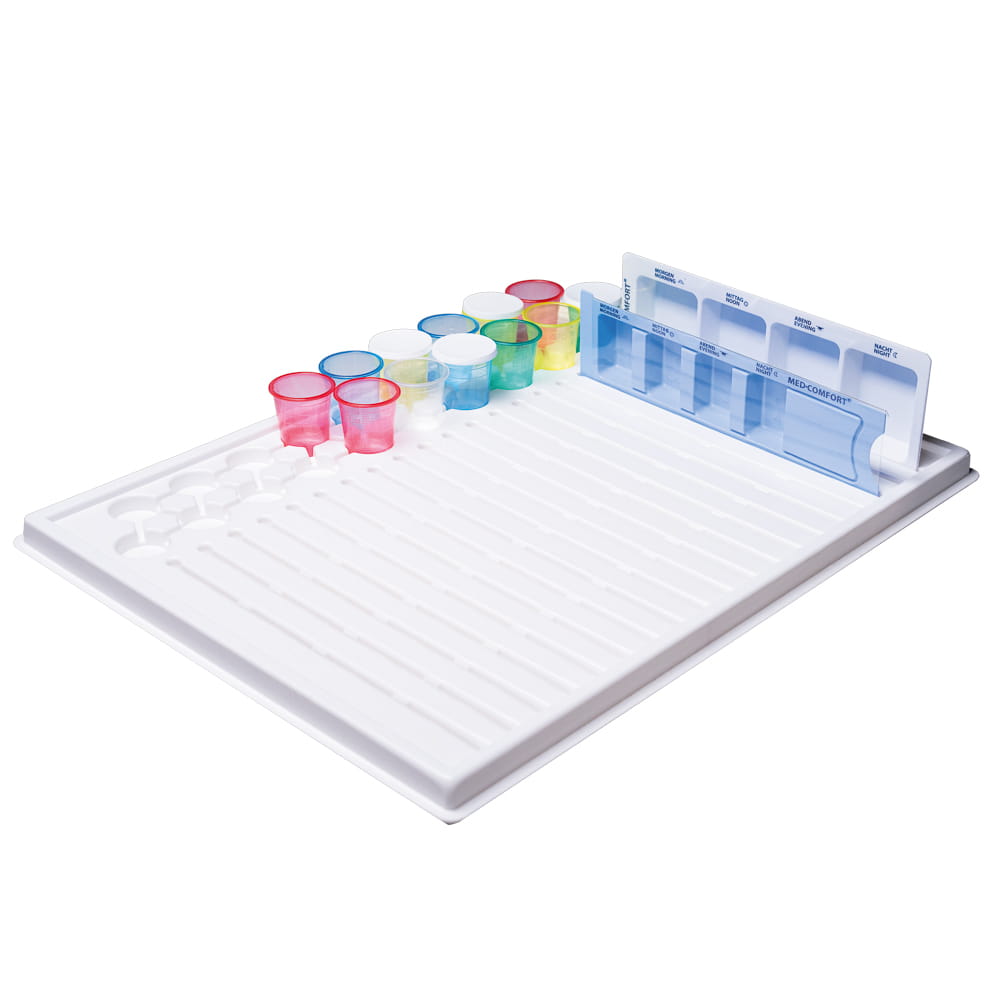 PP Einweg Medikamentendispenser, 4 Fächer, 22 x 8 x 2 cm, weiß, Med-Comfort