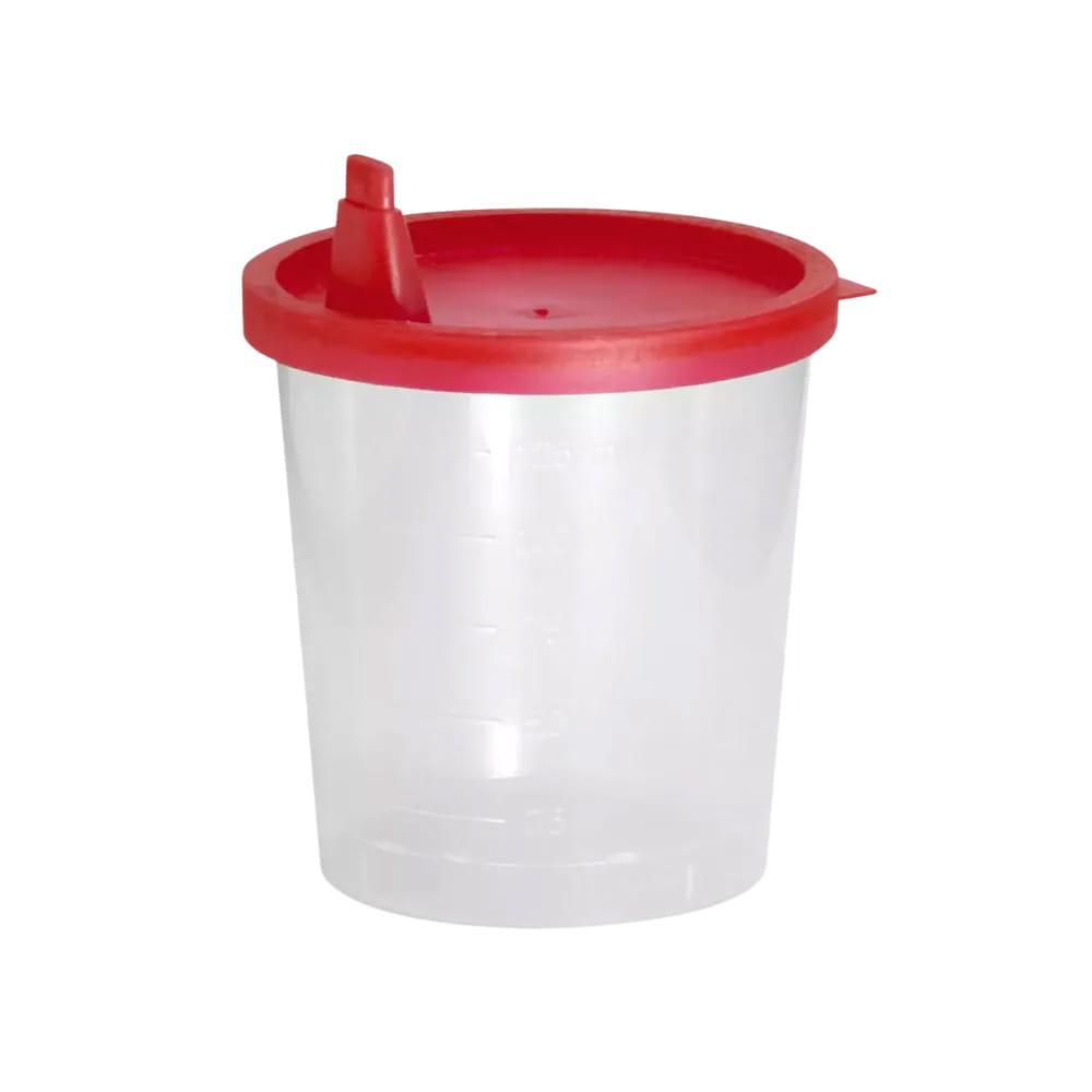 PP Urinsammelbehälter mit Schnappdeckel, 125 ml, Farbe transparent, milchig, rot, 500 Becher mit Deckel, unterverpackt zu je 100 Stück PP Urinsammelbehälter mit Schnappdeckel, 125 ml, Farbe transparent, milchig, rot, 500 Becher mit Deckel, unterverpackt zu je 100 Stück